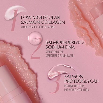 Cosmetic product with salmon collagen and DNA on a pink background