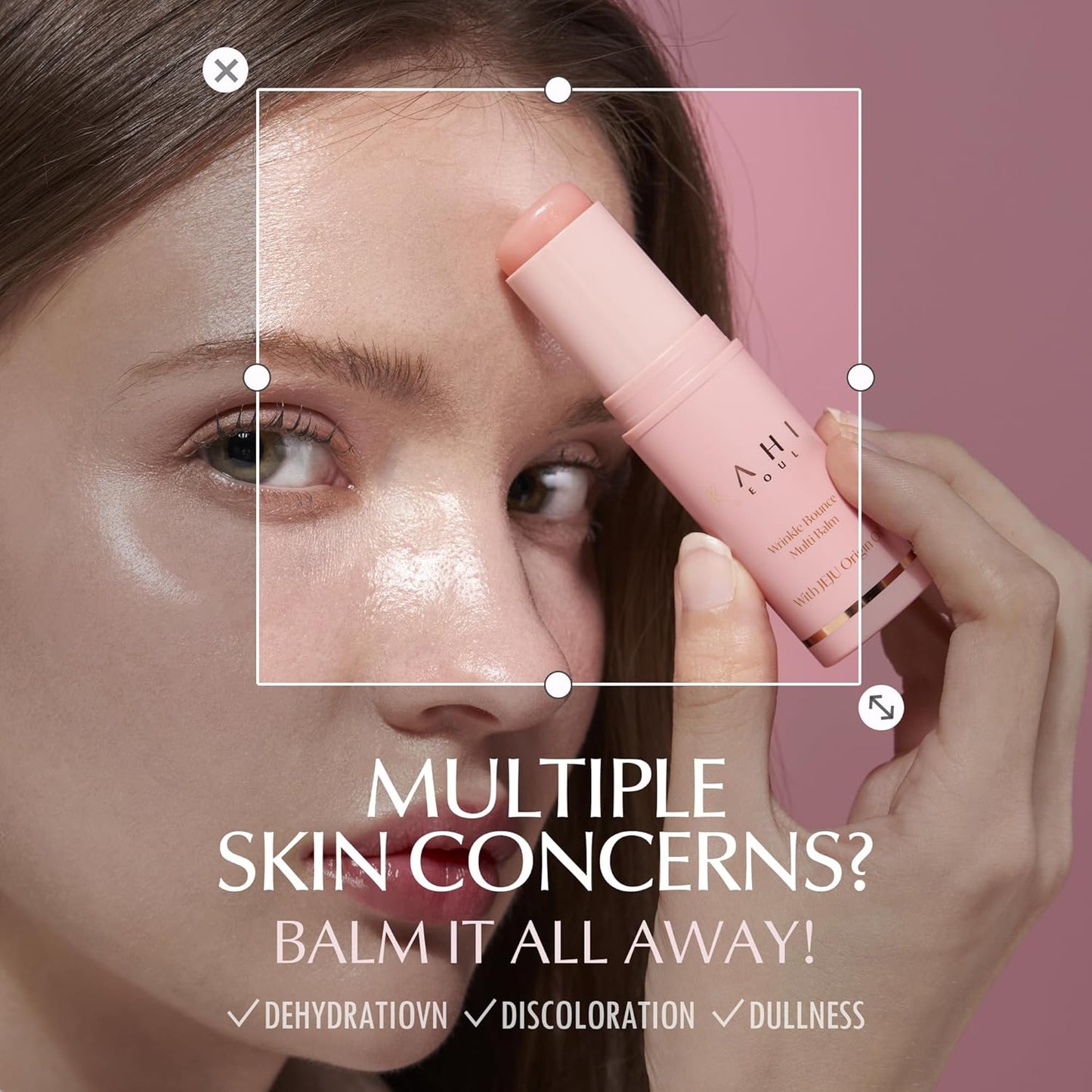 Woman applying a pink balm to her face with text about skin concerns and product benefits.