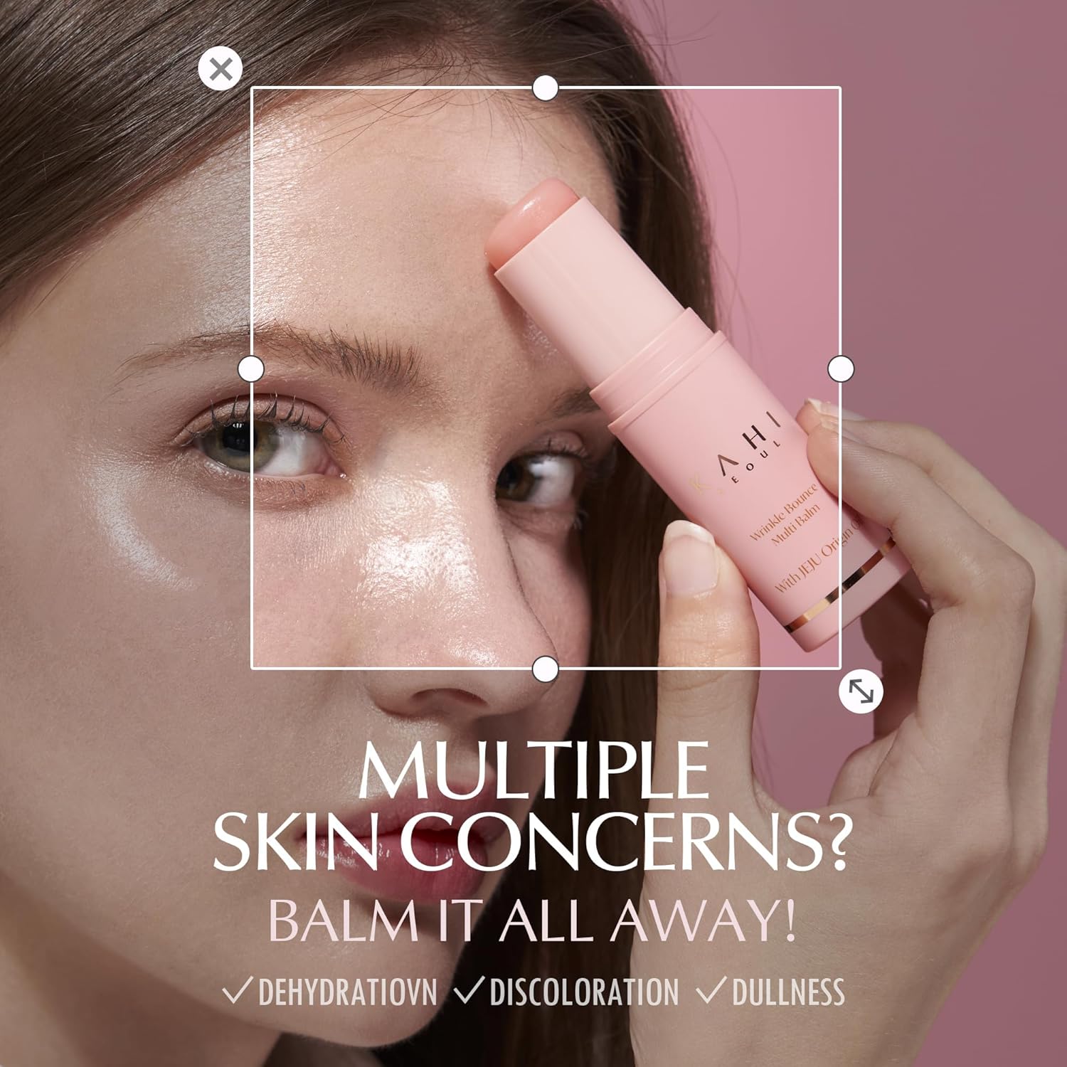 Woman applying a pink balm to her face with text about skin concerns and product benefits.