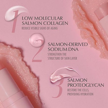 Cosmetic product with salmon collagen and DNA on a pink background