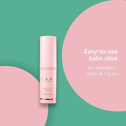 Pink balm stick on a green and pink background with text about hydration.
