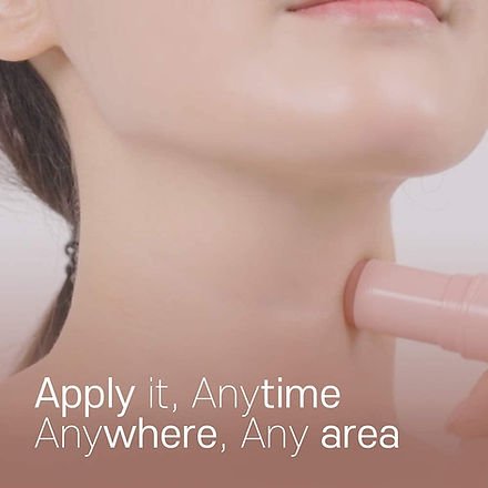 Close-up of a person applying a product to their neck with text 'Apply it, Anytime, Anywhere, Any area'.