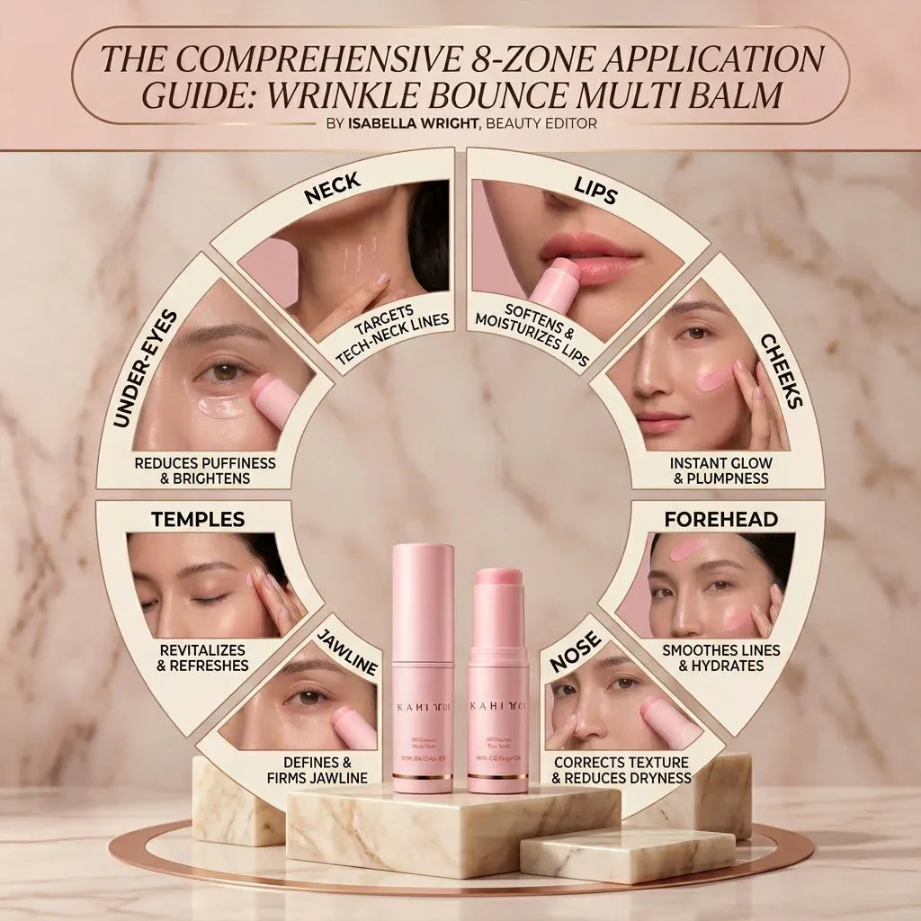 Cosmetic balm application guide with product display on a marble surface