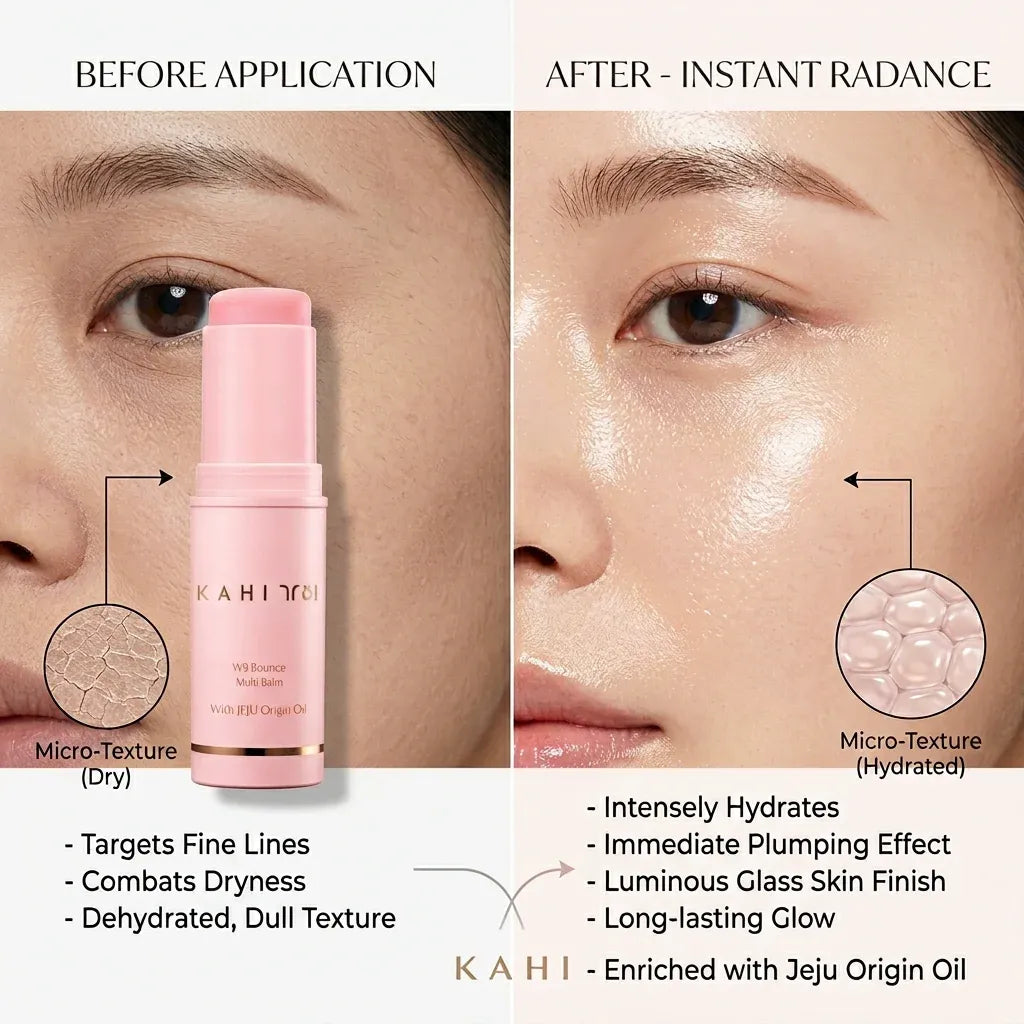 Before and after application of a pink skincare product on a person's face, showing hydration and texture improvements.
