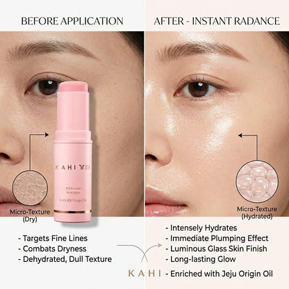 Before and after application of a pink skincare product on a person's face, showing hydration and texture improvements.