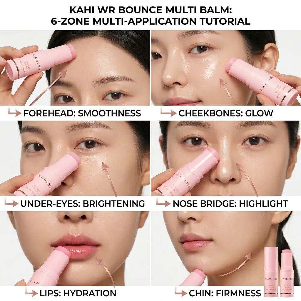 Kahi WR Bounce Multi Balm application tutorial on a person's face with product packaging.